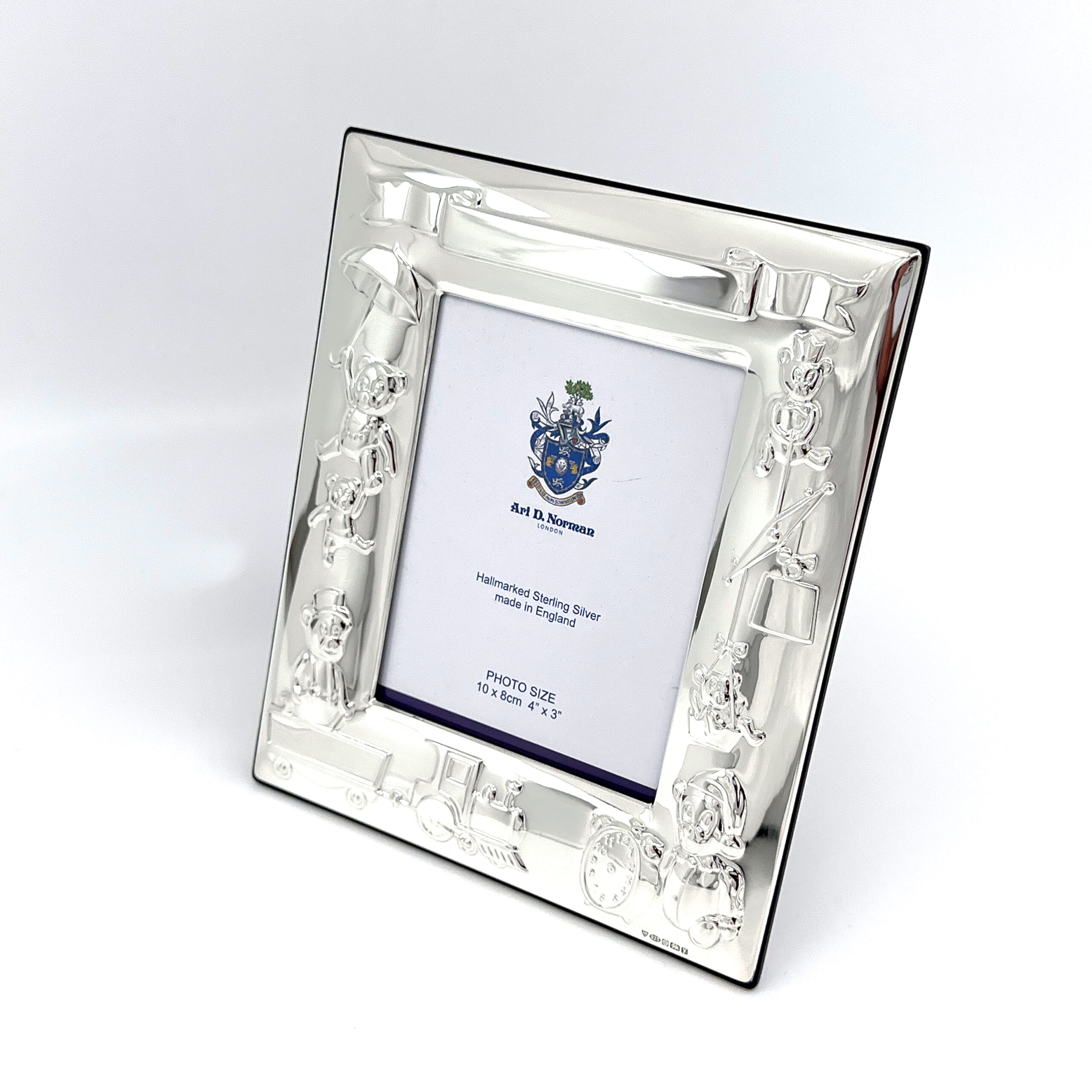FR160 (5) Baby Photo Frame With Teddy Bear And Train Motifs Finished In 925 English Hallmarked Sterling Silver