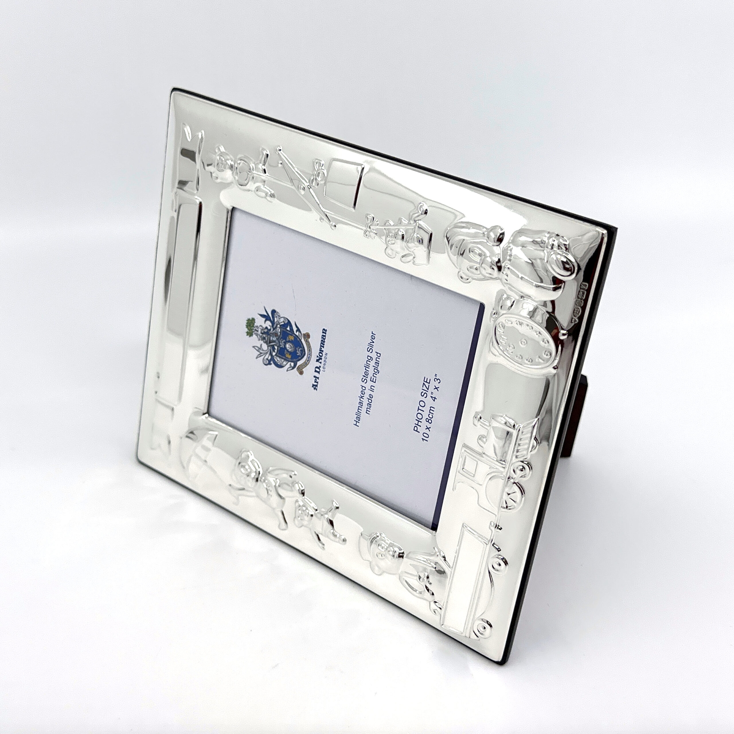 FR160 (3) Baby Photo Frame With Teddy Bear And Train Motifs Finished In 925 English Hallmarked Sterling Silver