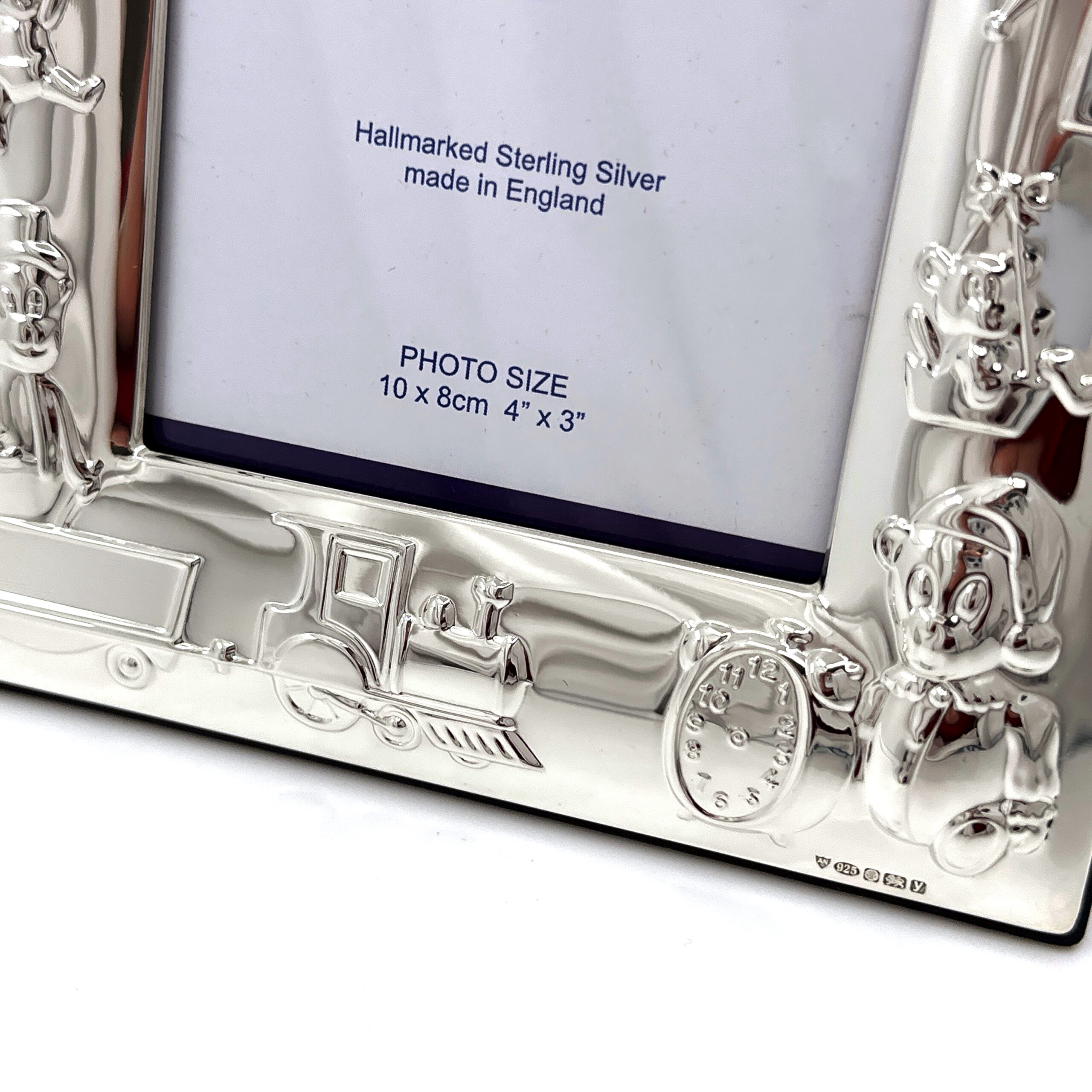 FR160 (7) Baby Photo Frame With Teddy Bear And Train Motifs Finished In 925 English Hallmarked Sterling Silver