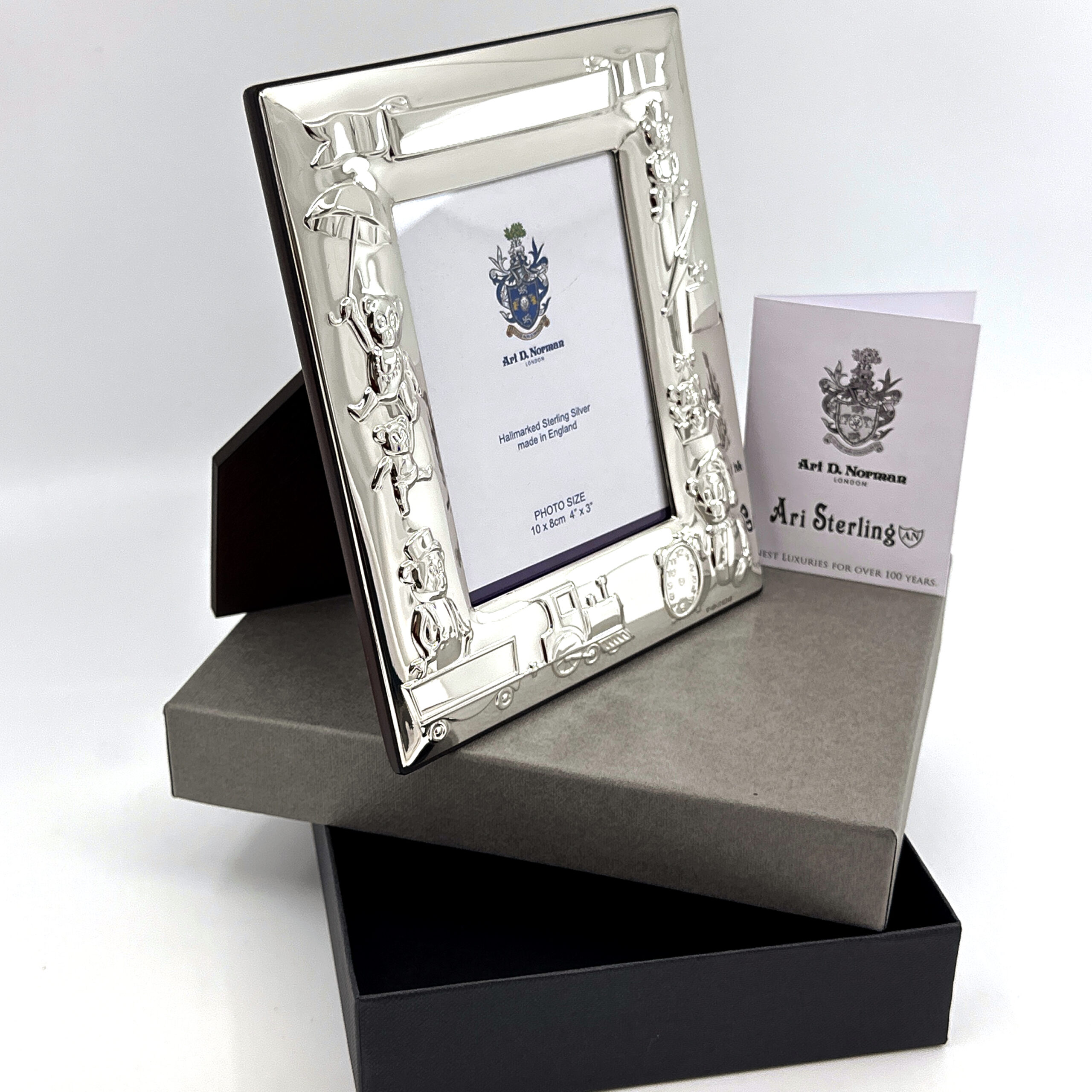 FR160 (1) Baby Photo Frame With Teddy Bear And Train Motifs Finished In 925 English Hallmarked Sterling Silver