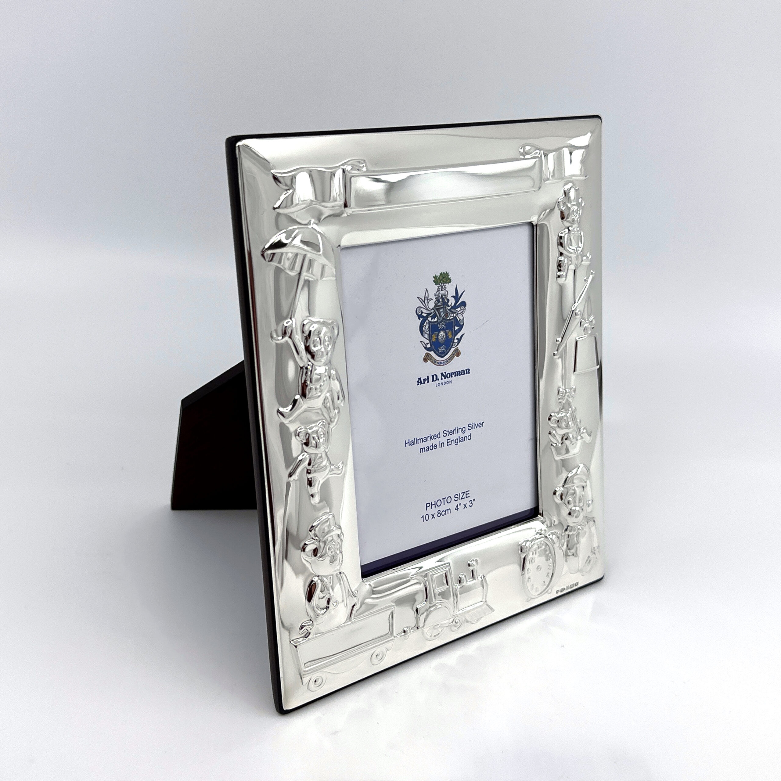FR160 (6) Baby Photo Frame With Teddy Bear And Train Motifs Finished In 925 English Hallmarked Sterling Silver