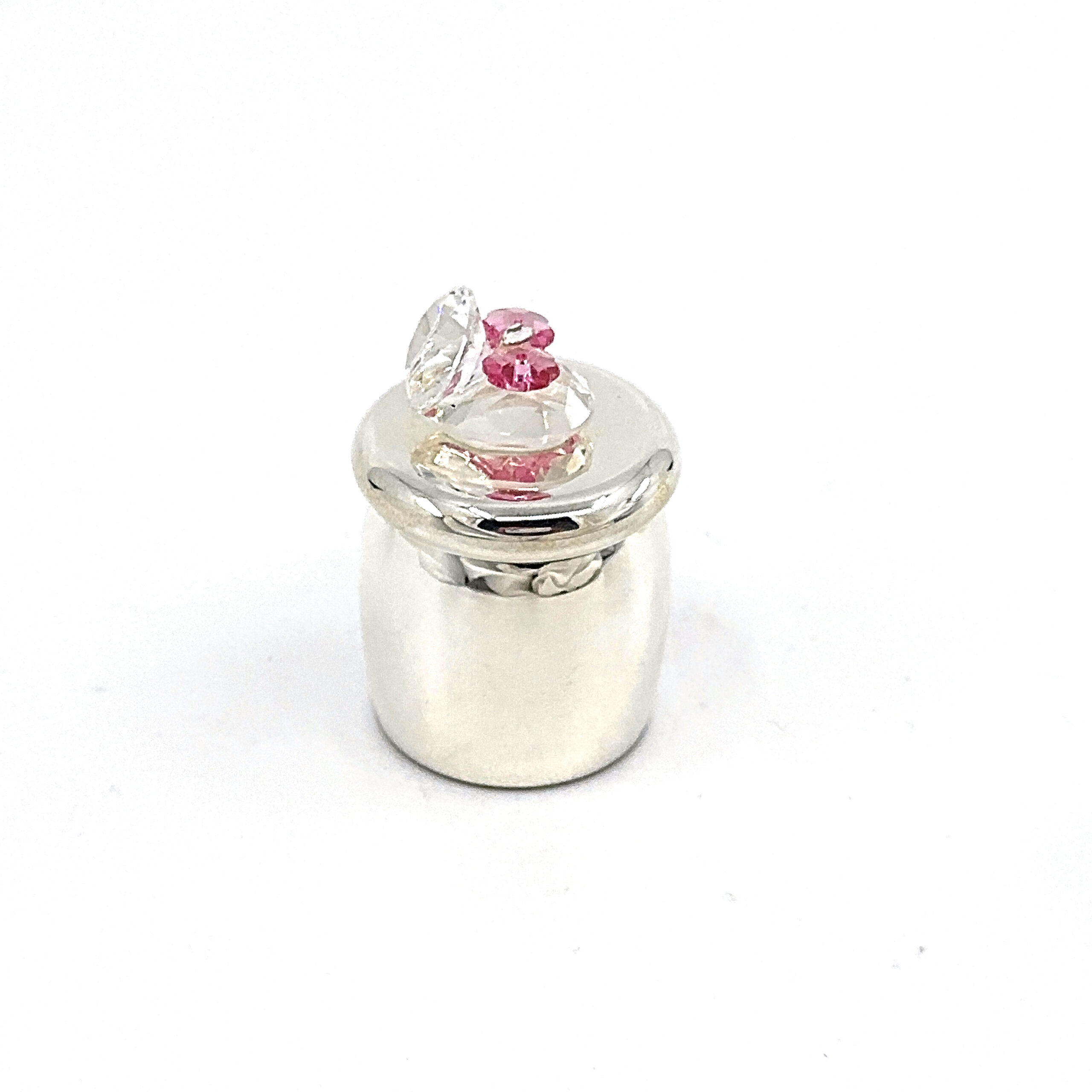 GTS113 (7) Baby Shoe Tooth Fairy Box With Pink Czech Crystal Finished In 925 English Hallmarked Sterling Silver