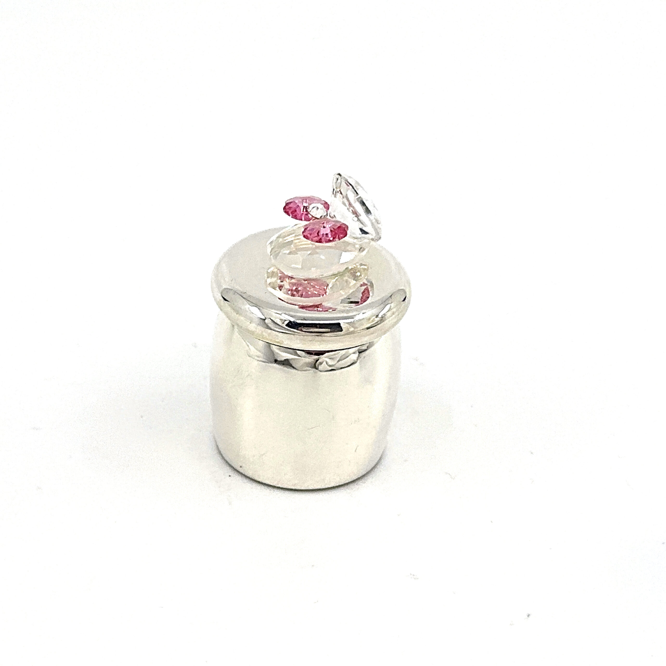 GTS113 (9) Baby Shoe Tooth Fairy Box With Pink Czech Crystal Finished In 925 English Hallmarked Sterling Silver