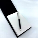 Ballpoint Pen With Black Acrylic And Engine Turned Finish In 925 English Hallmarked Sterling Silver