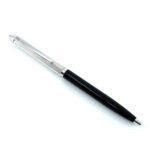 Ballpoint Pen With Black Acrylic And Engine Turned Finish In 925 English Hallmarked Sterling Silver