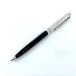 Ballpoint Pen With Black Acrylic And Engine Turned Finish In 925 English Hallmarked Sterling Silver