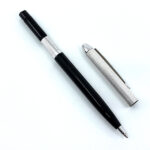 Ballpoint Pen With Black Acrylic And Engine Turned Finish In 925 English Hallmarked Sterling Silver