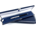 Ballpoint Pen With Black Acrylic And Engine Turned Finish In 925 English Hallmarked Sterling Silver