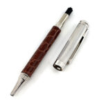 Ballpoint Pen With Brown Leather Detail Finished In 925 English Hallmarked Sterling Silver