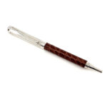 Ballpoint Pen With Brown Leather Detail Finished In 925 English Hallmarked Sterling Silver