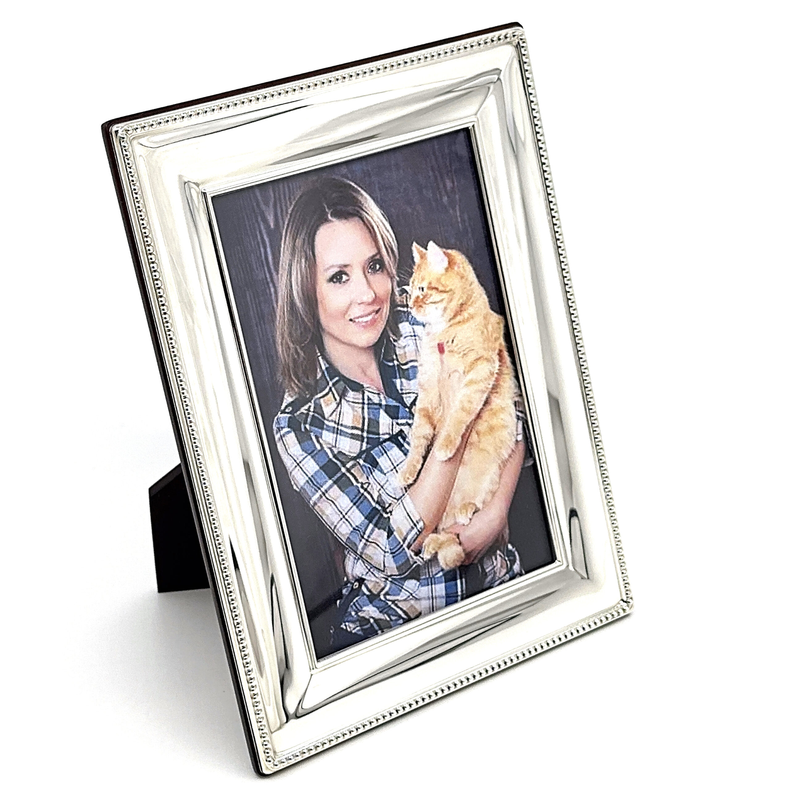 FR653 (9) Beaded Photo Frame With Mahogany Wooden Back Finished In 925 English Hallmarked Sterling Silver