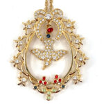 Bird In Cage Necklace Victorian Style Gold Plated Metal Alloy Set With Clear And Coloured Czech Crystals
