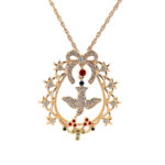 Bird In Cage Necklace Victorian Style Gold Plated Metal Alloy Set With Clear And Coloured Czech Crystals