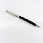 Slim Ballpoint Pen With Black Acrylic Barrel And Engine Turned Finish In 925 English Hallmarked Sterling Silver