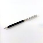 Slim Ballpoint Pen With Black Acrylic Barrel And Engine Turned Finish In 925 English Hallmarked Sterling Silver
