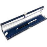 Slim Ballpoint Pen With Black Acrylic Barrel And Engine Turned Finish In 925 English Hallmarked Sterling Silver