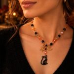 Black Cat Charm Necklace Gold Plated Metal Alloy Set With Enamel And Czech Crystals