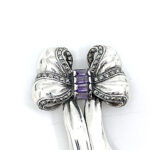 Bow Pin Brooch With Amethyst And Marcasite Finished In 925 English Hallmarked Sterling Silver 8 Bow Pin Brooch With Amethyst And Marcasite Finished In 925 English Hallmarked Sterling Silver