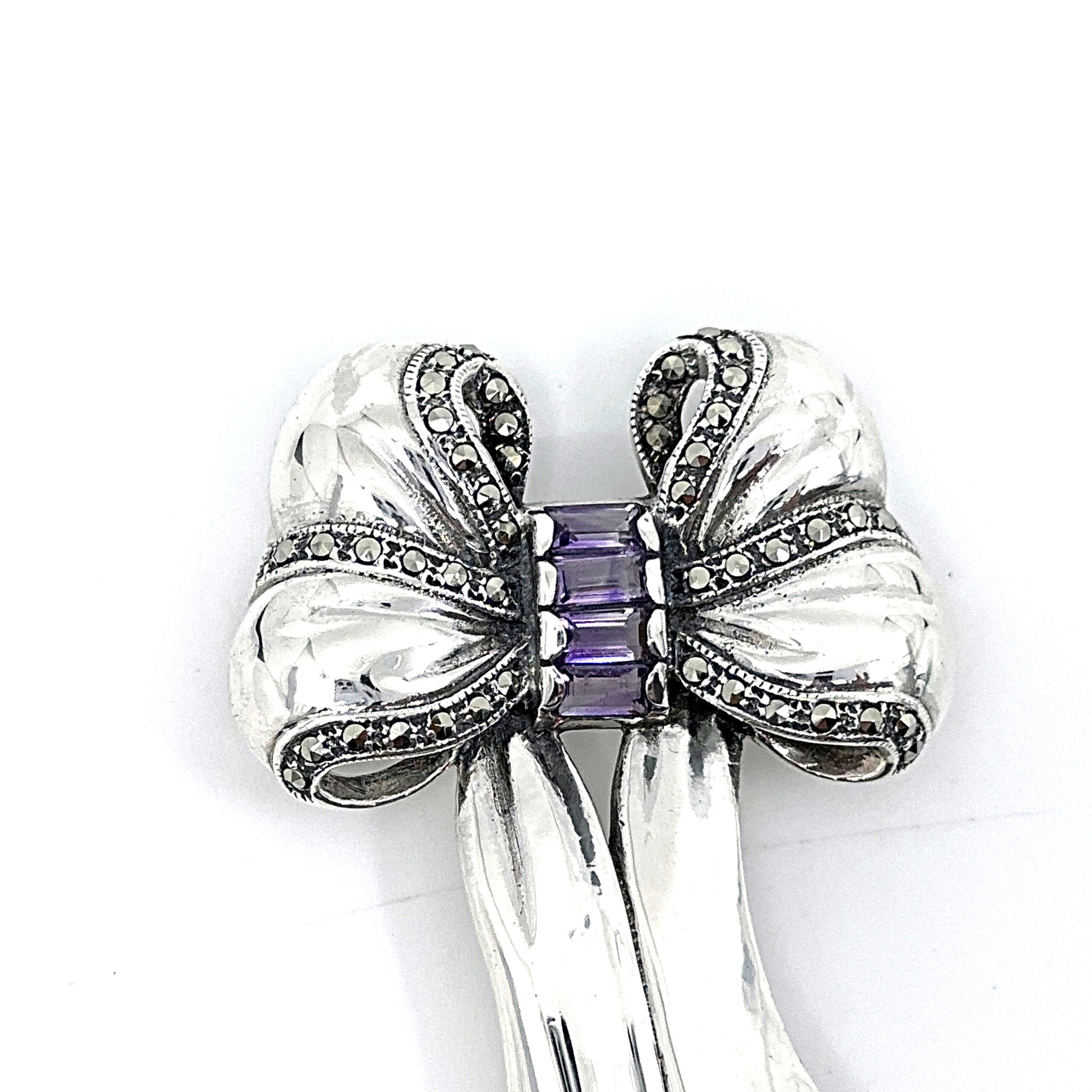 B351 (2) Bow Pin Brooch With Amethyst And Marcasite Finished In 925 English Hallmarked Sterling Silver