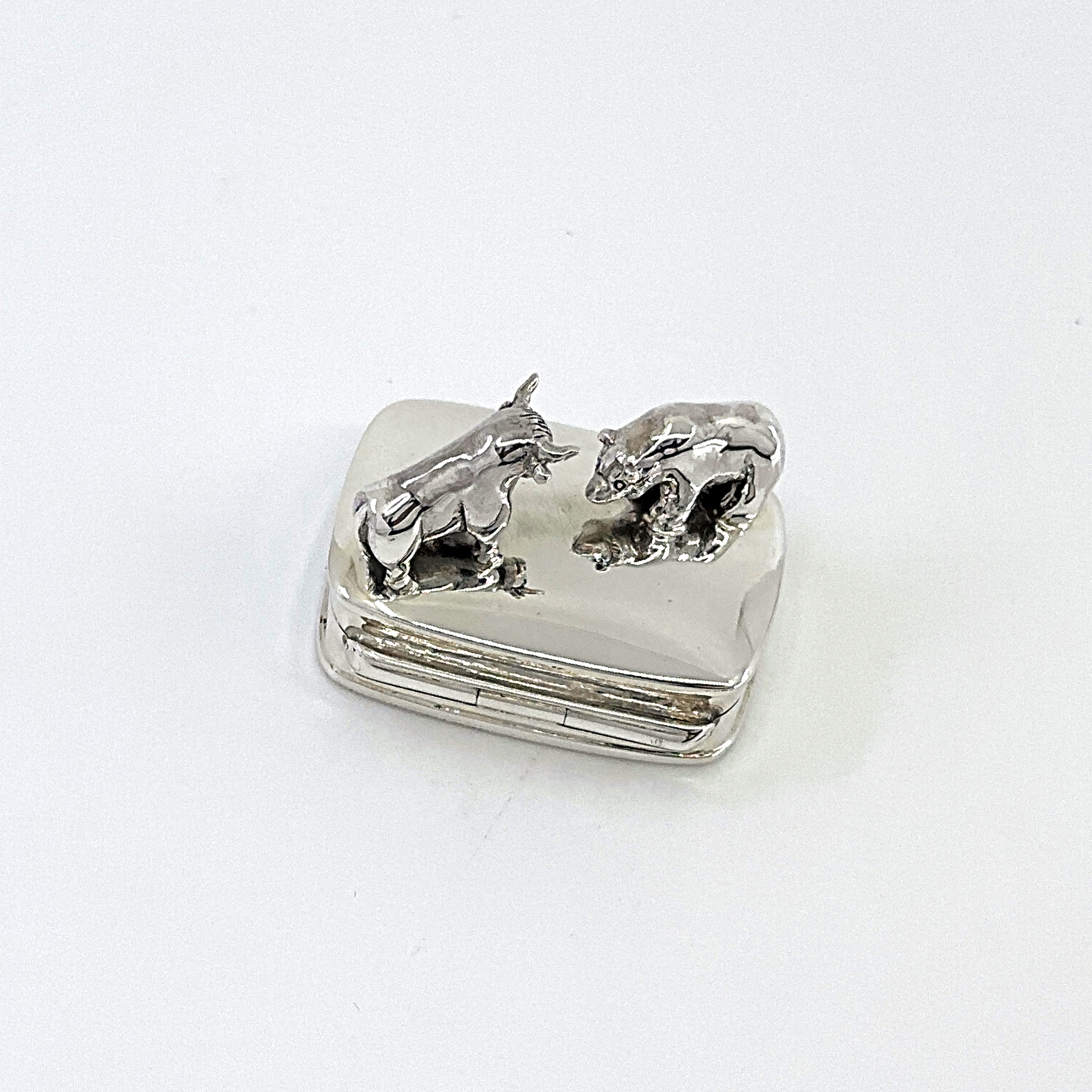 PB623 (6) Bull and Bear on Rectangular Pill Box, finished in 925 English Hallmarked Sterling Silver