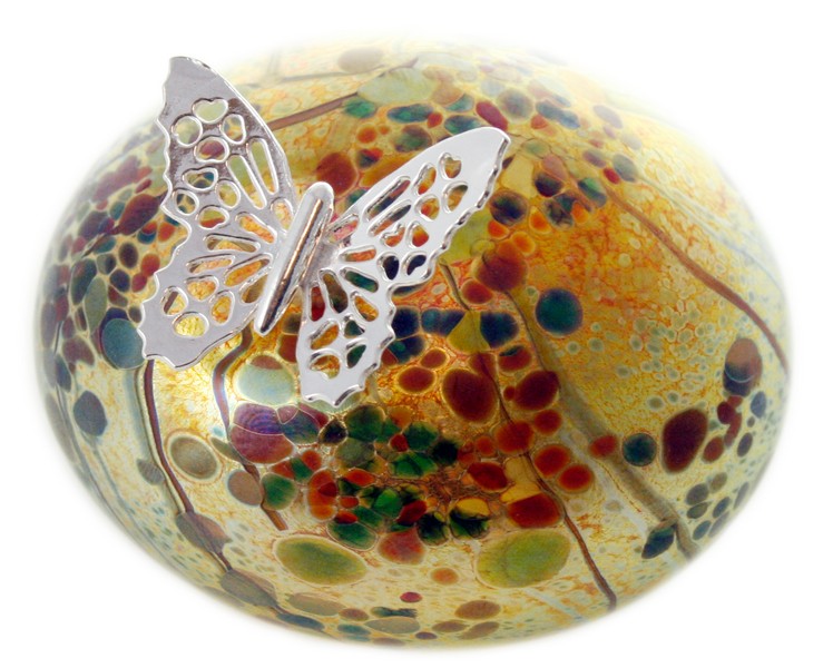GT2207 (1) Butterfly On Stone Paperweight With Molten Glass And Sterling Silver Detail