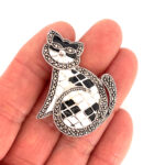 Cat Brooch Art Deco Style With Black And White Enamel And Marcasite, finished in 925 English Hallmarked Sterling Silver