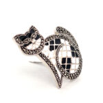 Cat Brooch Art Deco Style With Black And White Enamel And Marcasite, finished in 925 English Hallmarked Sterling Silver