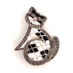 Cat Brooch Art Deco Style With Black And White Enamel And Marcasite, finished in 925 English Hallmarked Sterling Silver