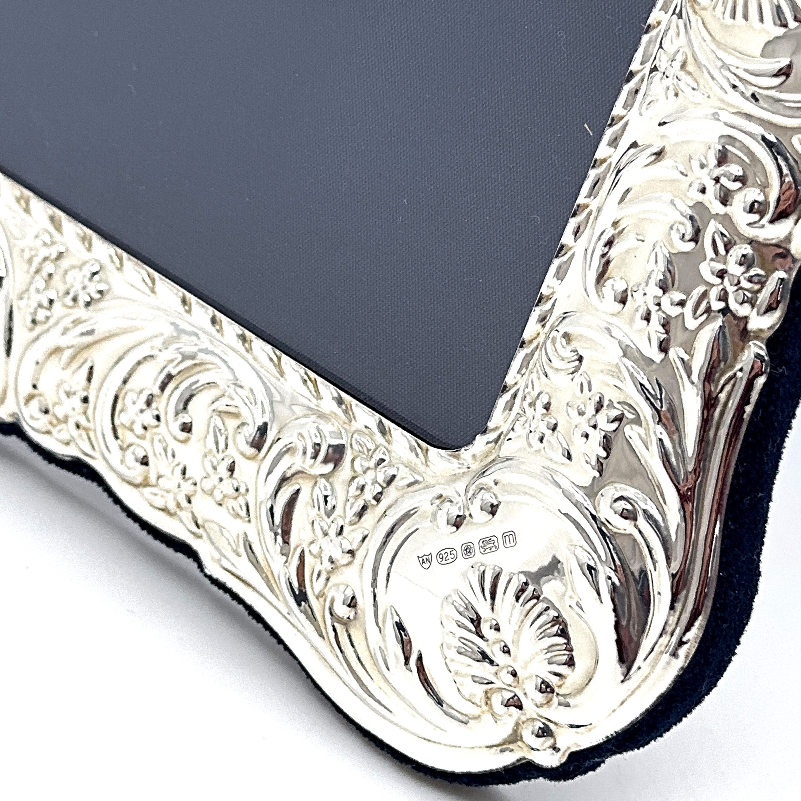 FR616 (3) Classic Photo Frame Victorian Style With Blue Velvet Back Finished In 925 English Hallmarked Sterling Silver