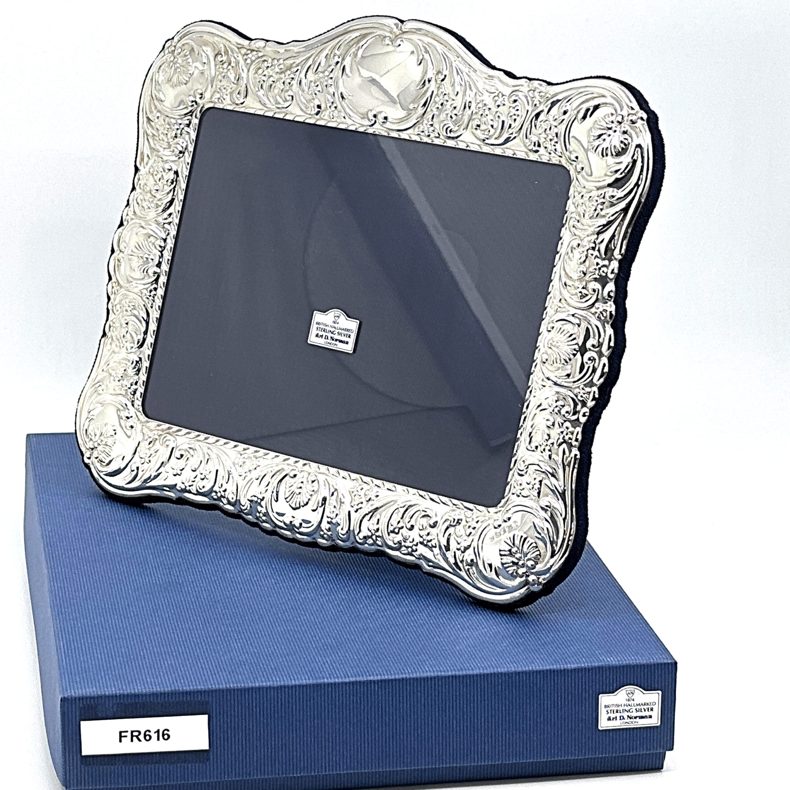 FR616 (1) Classic Photo Frame Victorian Style With Blue Velvet Back Finished In 925 English Hallmarked Sterling Silver