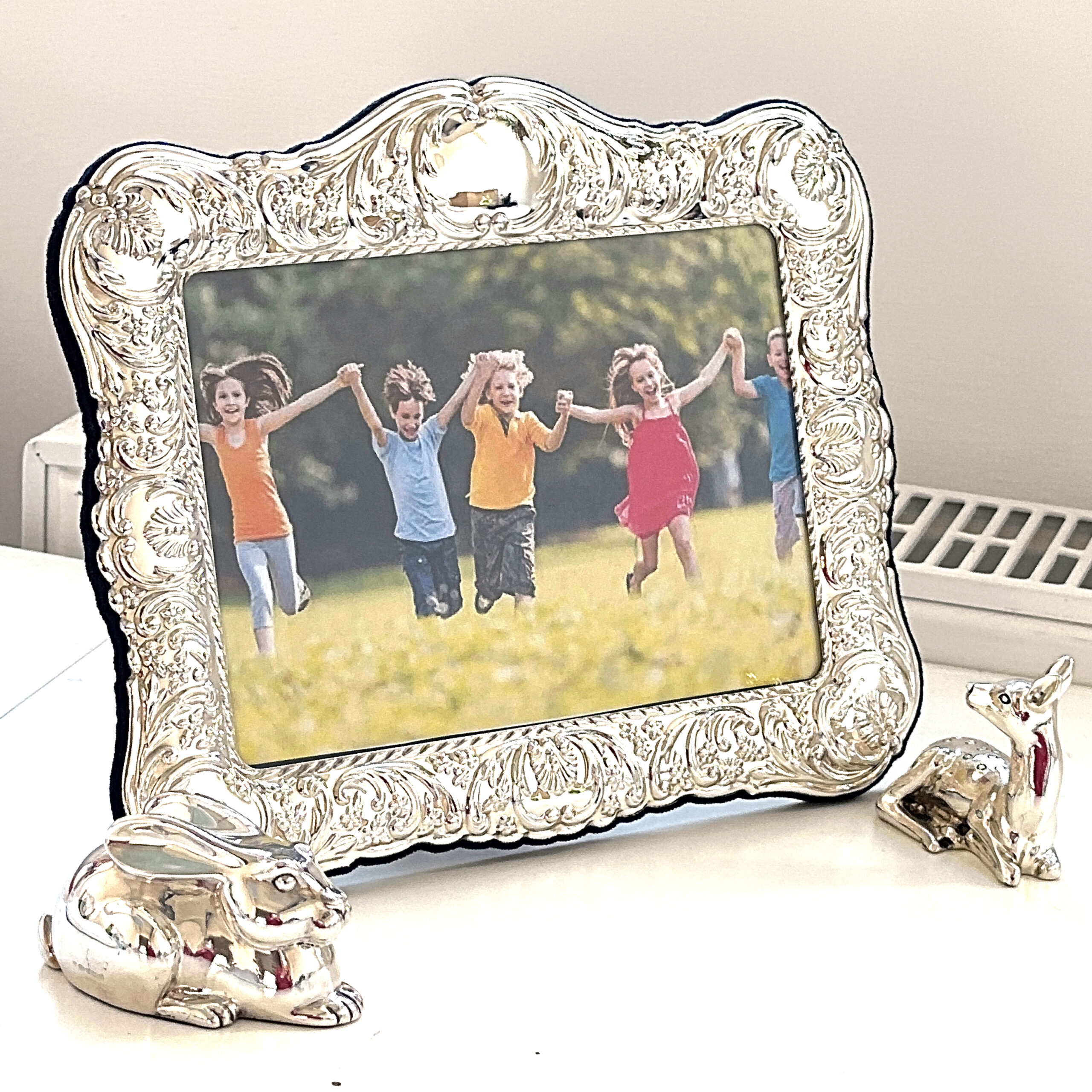 FR616 (6) Classic Photo Frame Victorian Style With Blue Velvet Back Finished In 925 English Hallmarked Sterling Silver