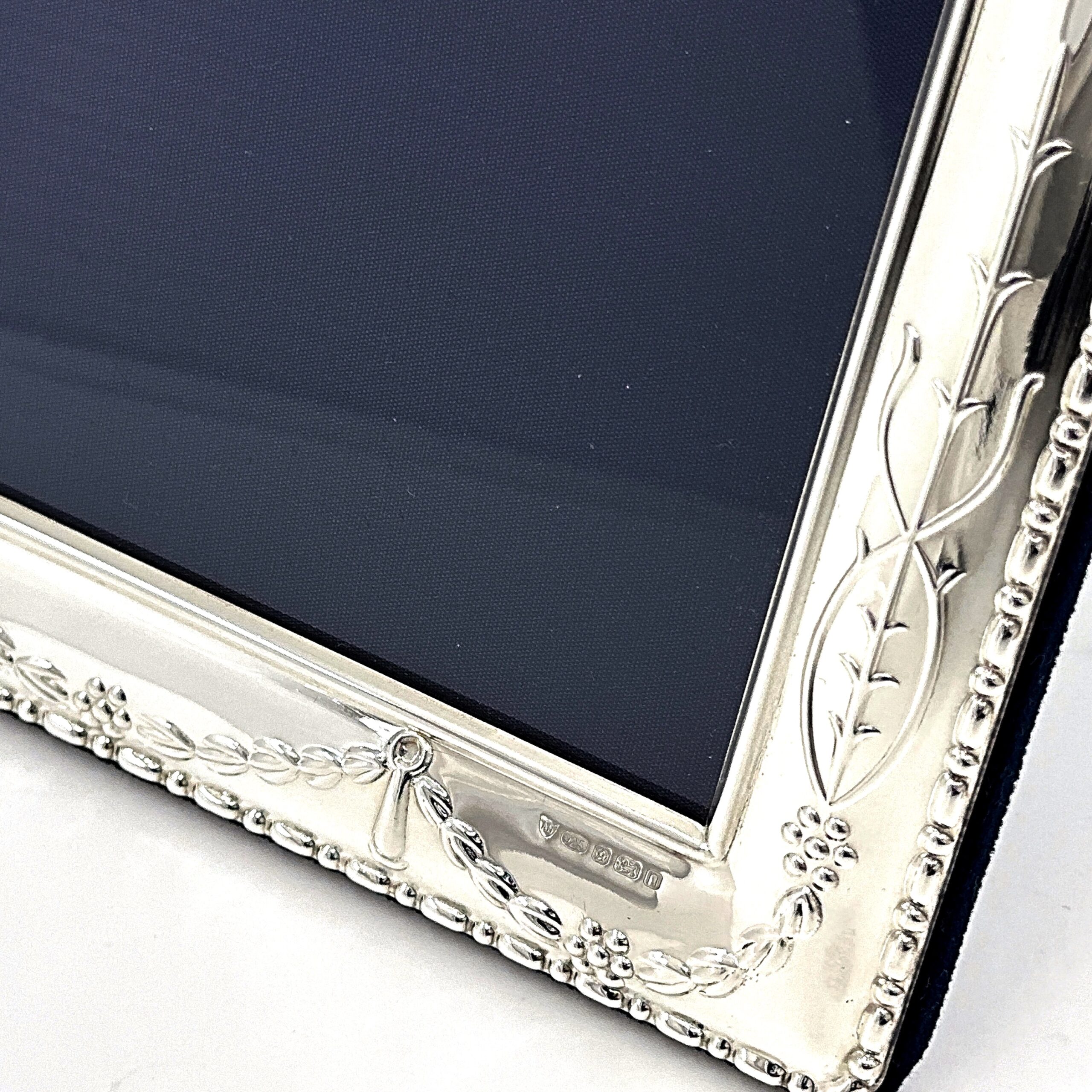 fr610 Classic Photo Frame Victorian Style With Blue Velvet Back Finished In 925 English Hallmarked Sterling Silver