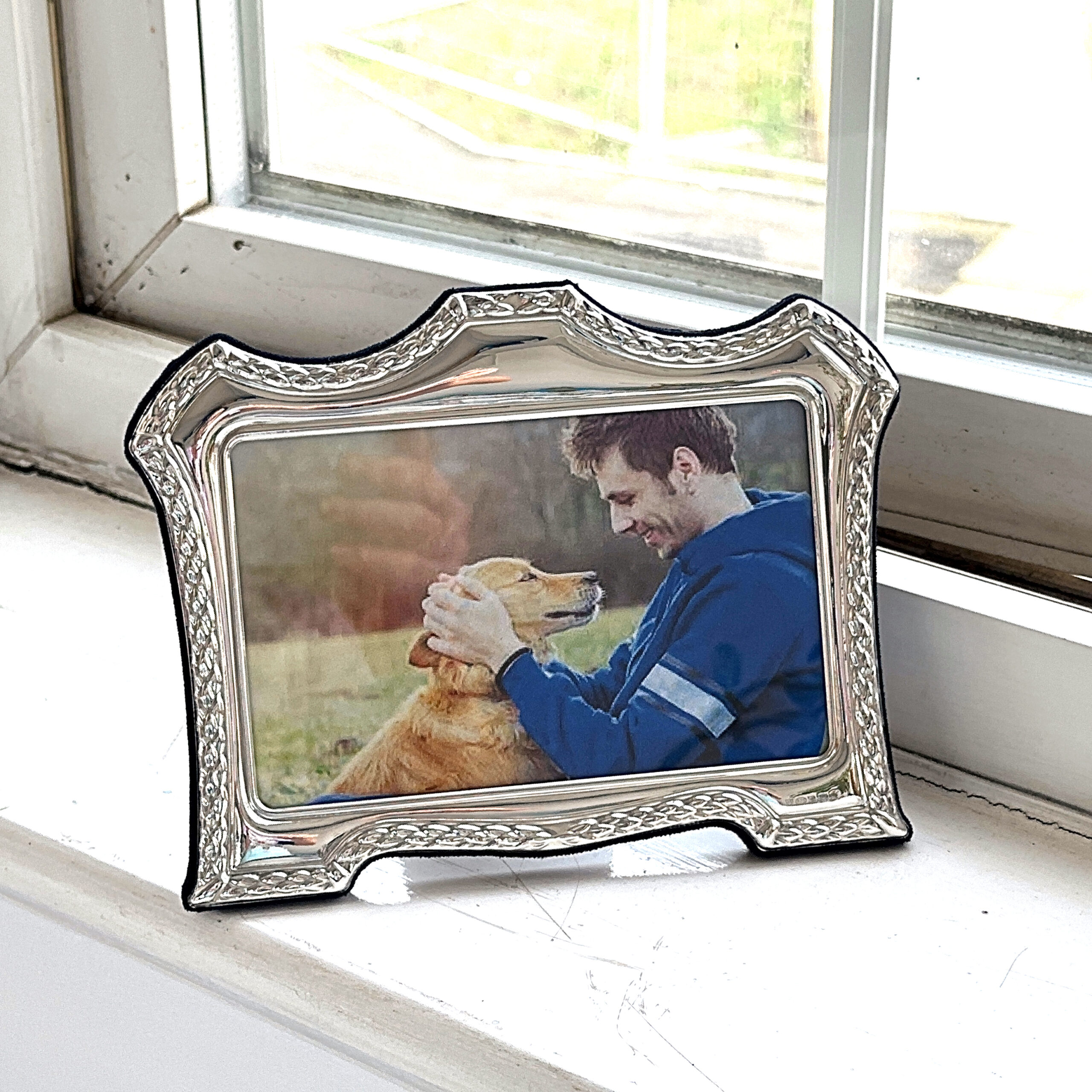 FR614 (5) Classic Photo Frame Victorian Style With Blue Velvet Back Finished In 925 English Hallmarked Sterling Silver