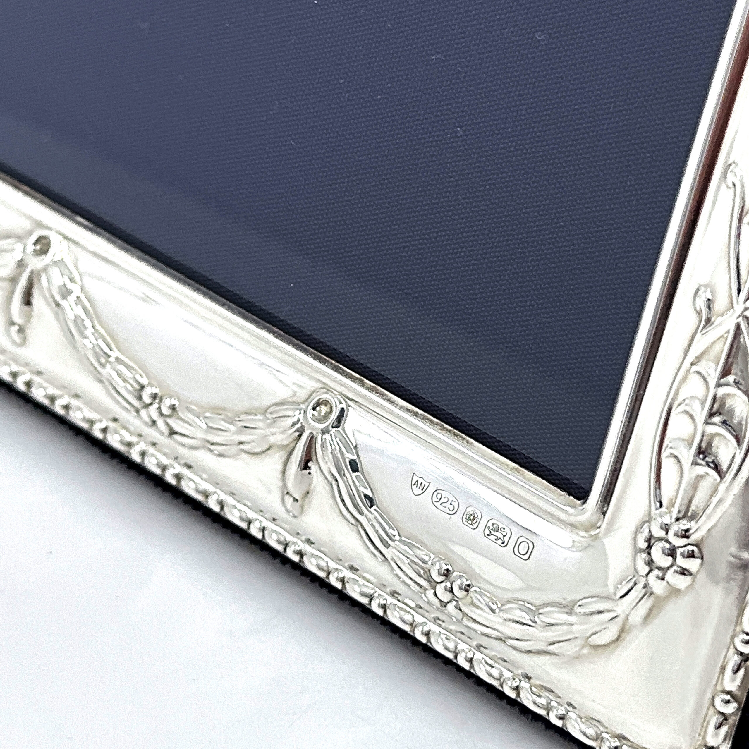 FR637 (1) Classic Photo Frame Victorian Style With Blue Velvet Back Finished In 925 English Hallmarked Sterling Silver