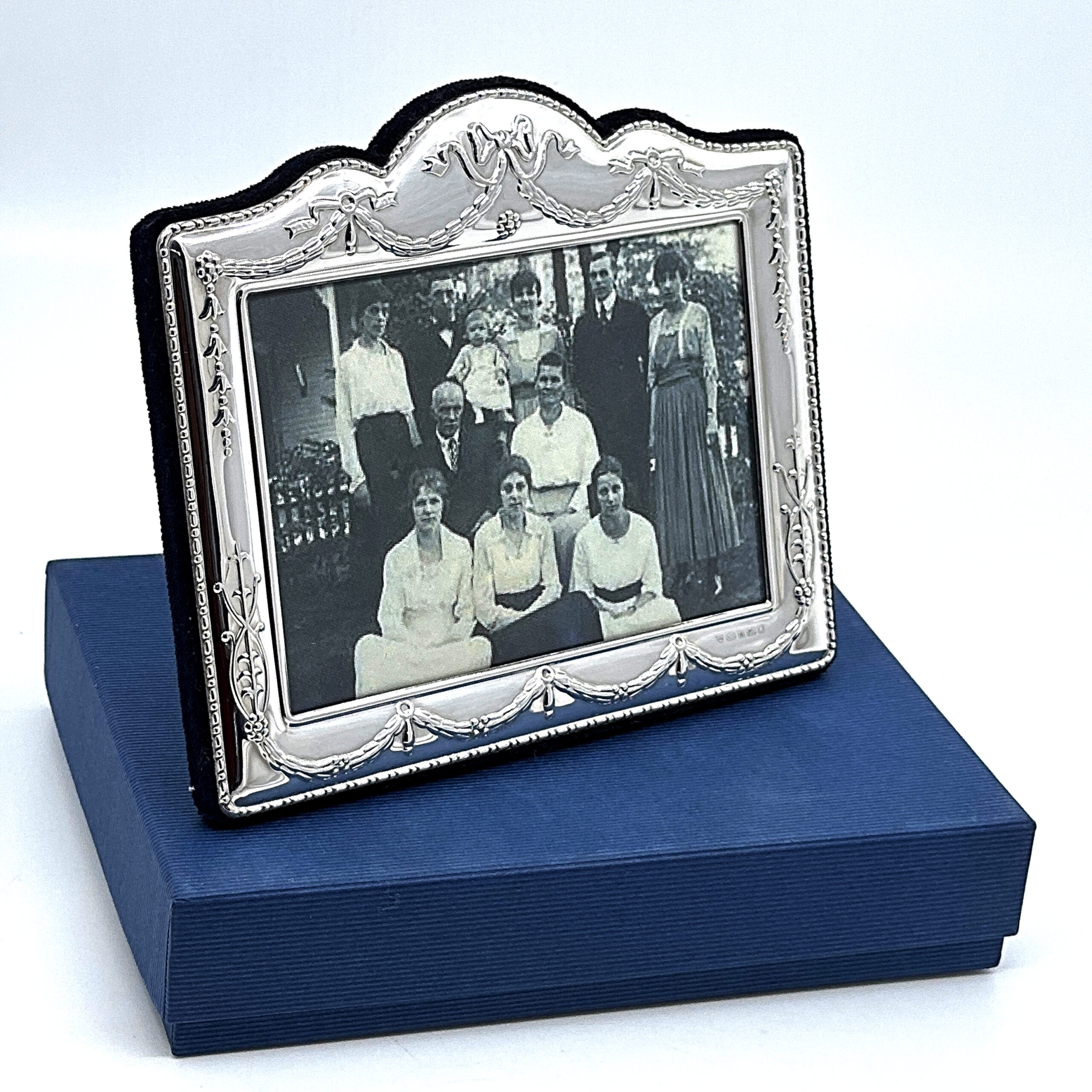 FR637 (8) Classic Photo Frame Victorian Style With Blue Velvet Back Finished In 925 English Hallmarked Sterling Silver