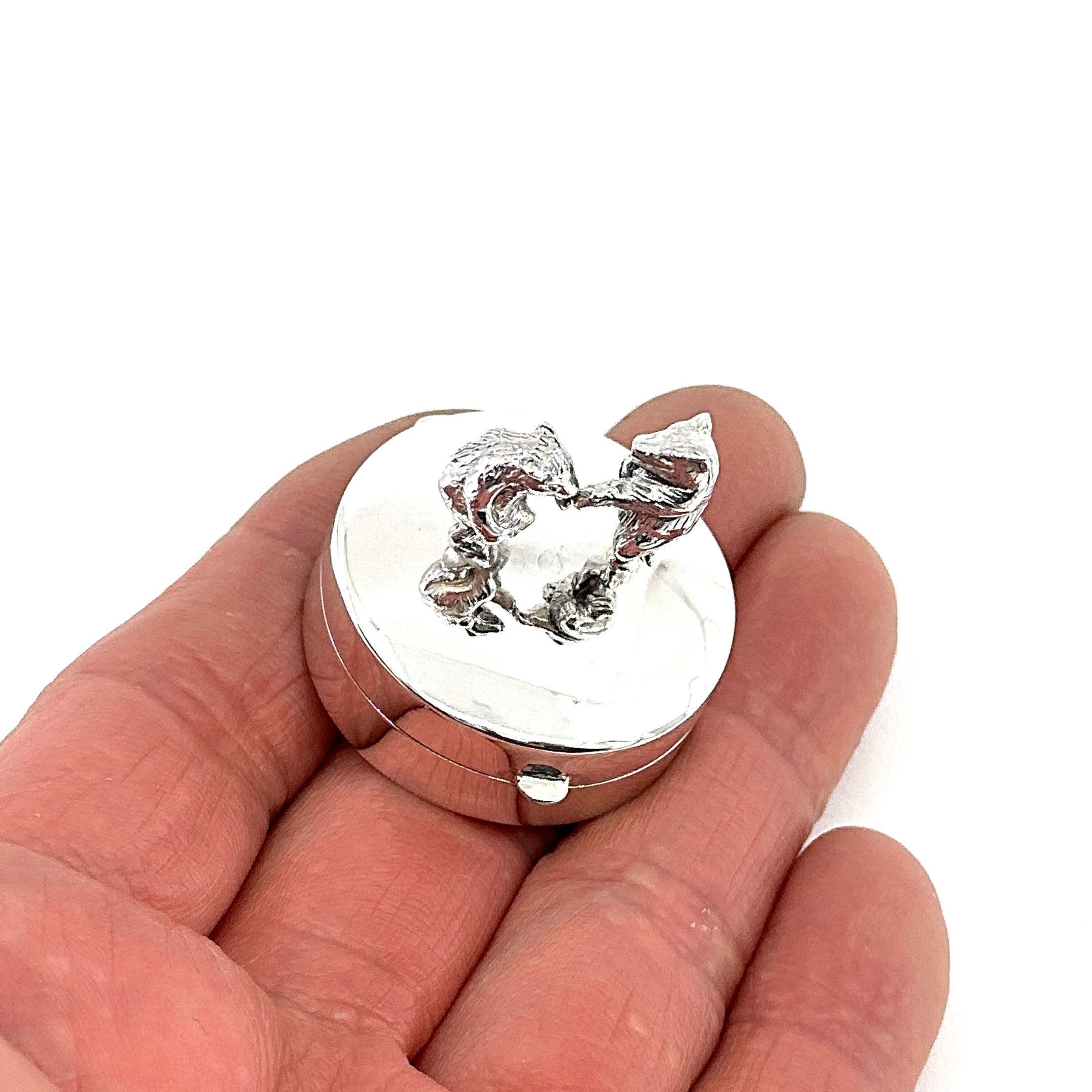 PB621 (2) Dancing Bears on Round Pill Box, finished in 925 English Hallmarked Sterling Silver