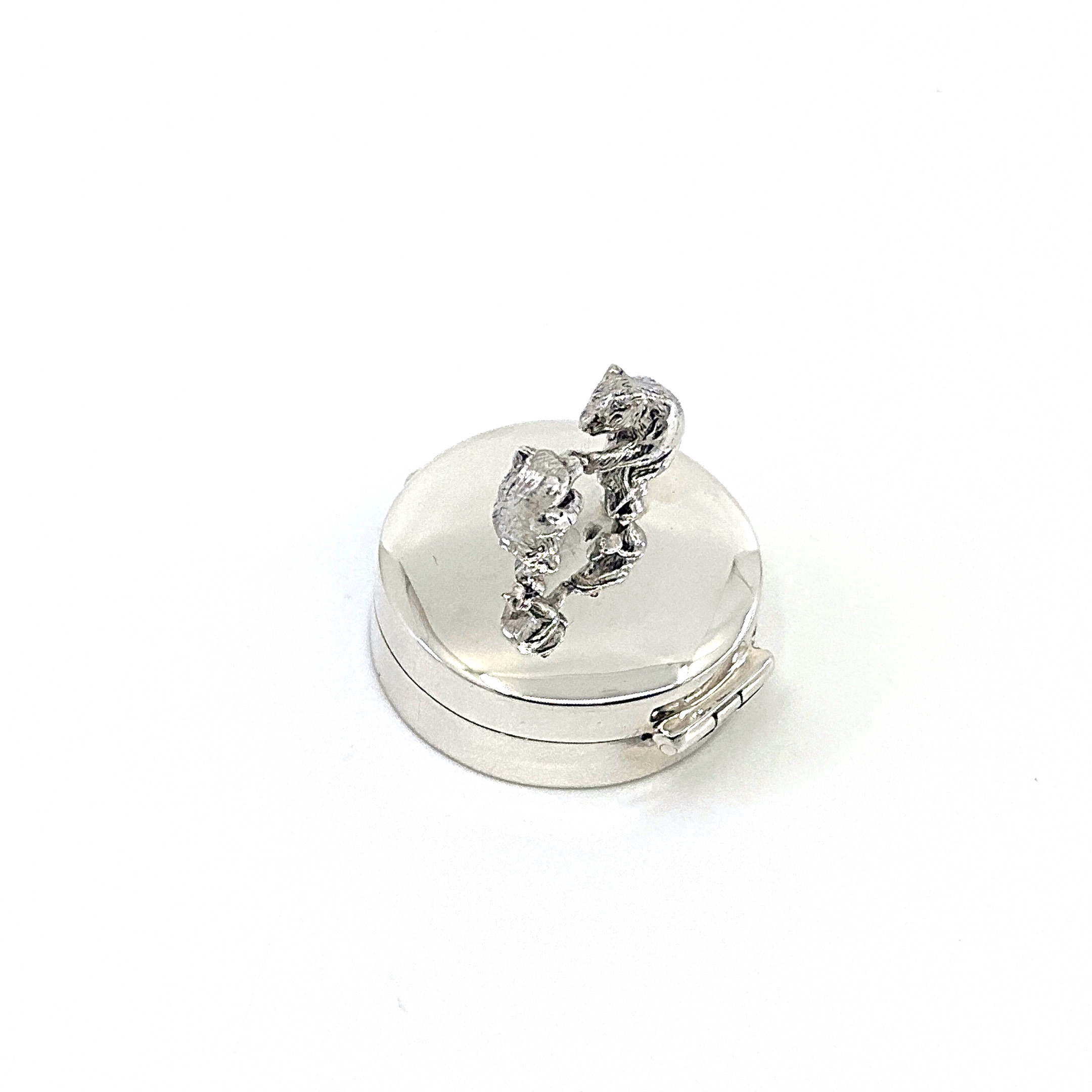 PB621 (9) Dancing Bears on Round Pill Box, finished in 925 English Hallmarked Sterling Silver