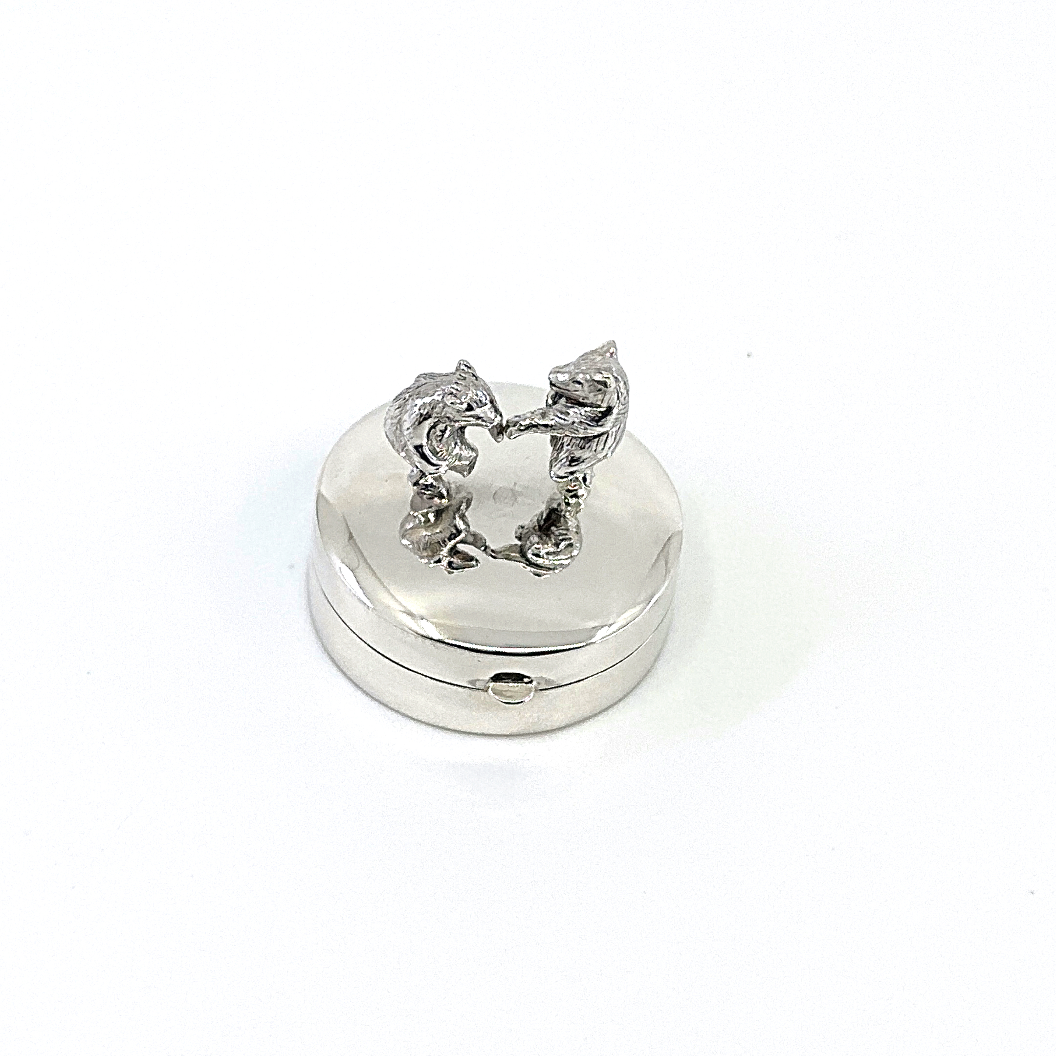 PB621 (3) Dancing Bears on Round Pill Box, finished in 925 English Hallmarked Sterling Silver