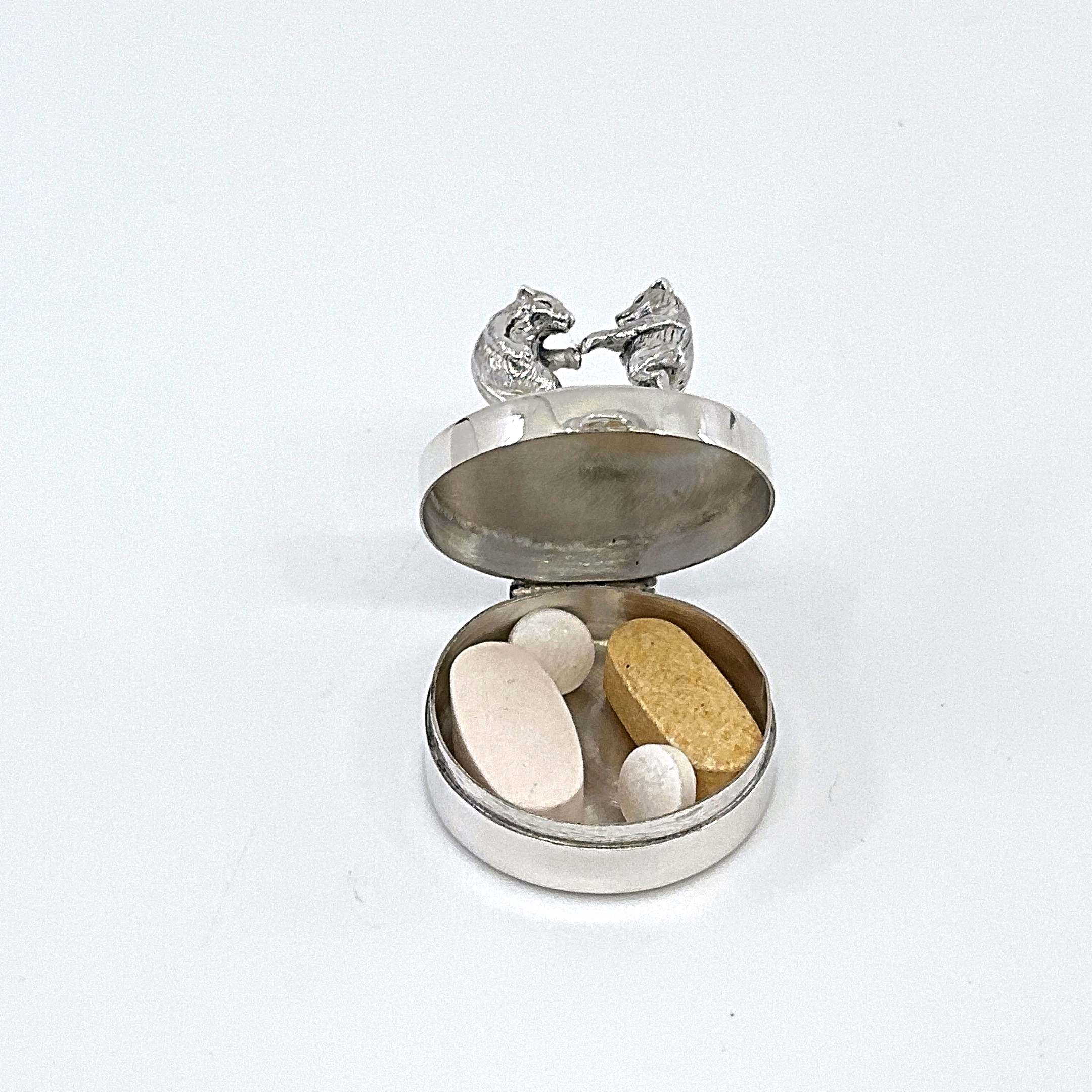 PB621 (4) Dancing Bears on Round Pill Box, finished in 925 English Hallmarked Sterling Silver
