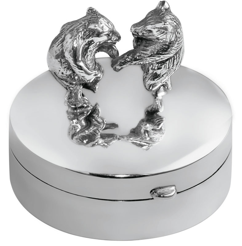 PB621_1 Dancing Bears on Round Pill Box, finished in 925 English Hallmarked Sterling Silver