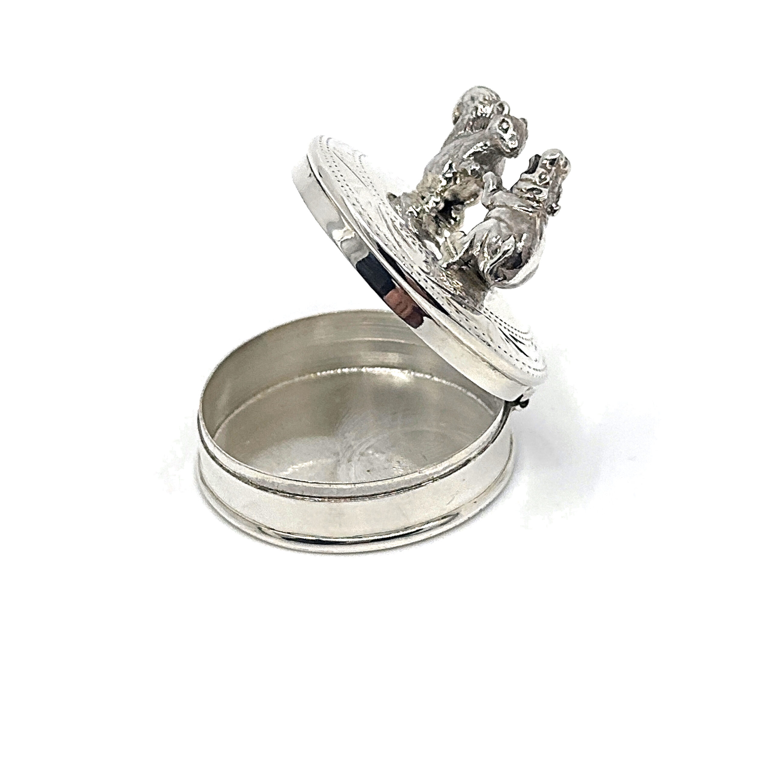 PB597 (10) Dancing Squirrel And Hippo Pill Box, Finished In 925 English Hallmarked Sterling Silver