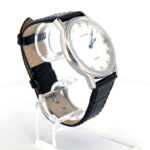 Diamond Effect Watch With Black Leather Strap And Sapphire Set Winder Finished In 925 English Hallmarked Sterling Silver