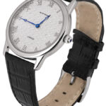 Diamond Effect Watch With Black Leather Strap And Sapphire Set Winder Finished In 925 English Hallmarked Sterling Silver