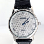 Diamond Effect Watch With Black Leather Strap And Sapphire Set Winder Finished In 925 English Hallmarked Sterling Silver