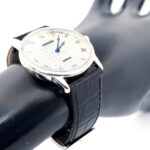 Diamond Effect Watch With Black Leather Strap And Sapphire Set Winder Finished In 925 English Hallmarked Sterling Silver