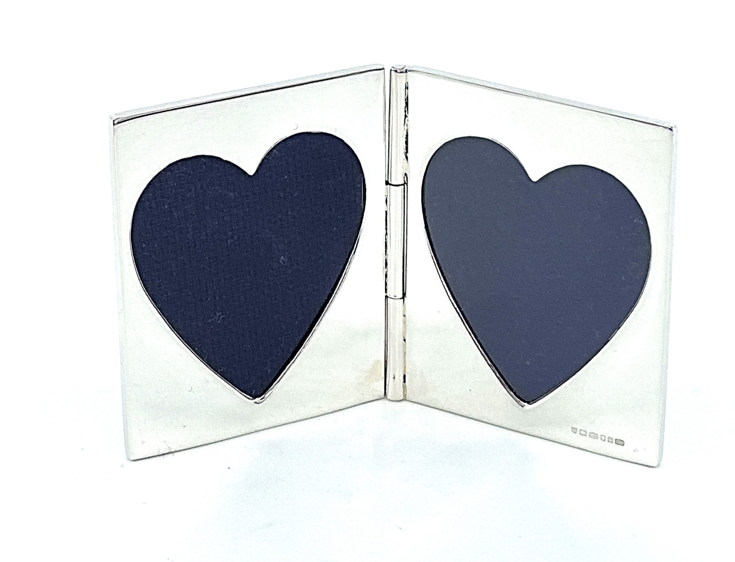 GT355 (4) Double Heart Folding Travel Photo Frame Finished In 925 English Hallmarked Sterling Silver