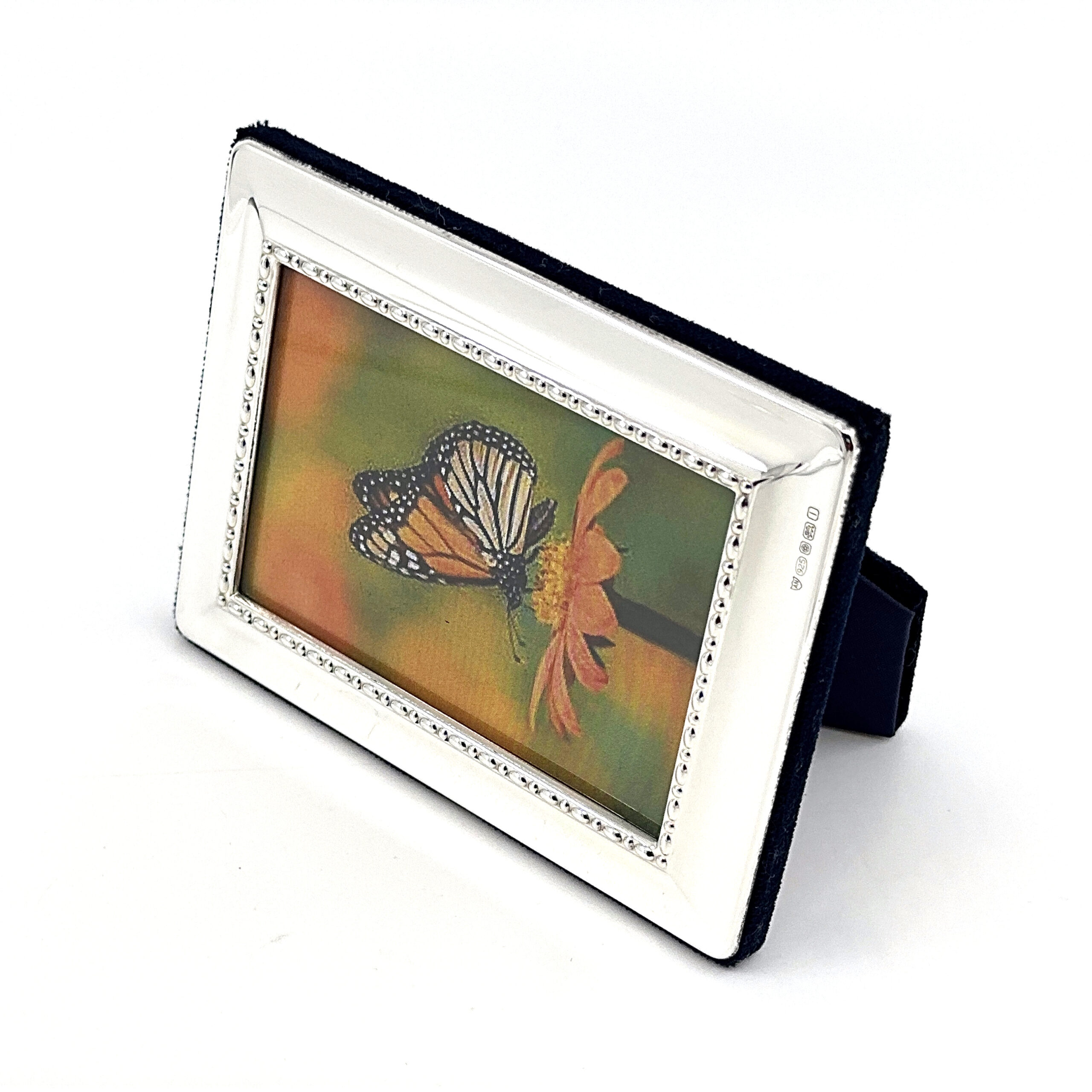 FR550 (3) Egg And Bead Photo Frame With Blue Velvet Back Finished In 925 English Hallmarked Sterling Silver