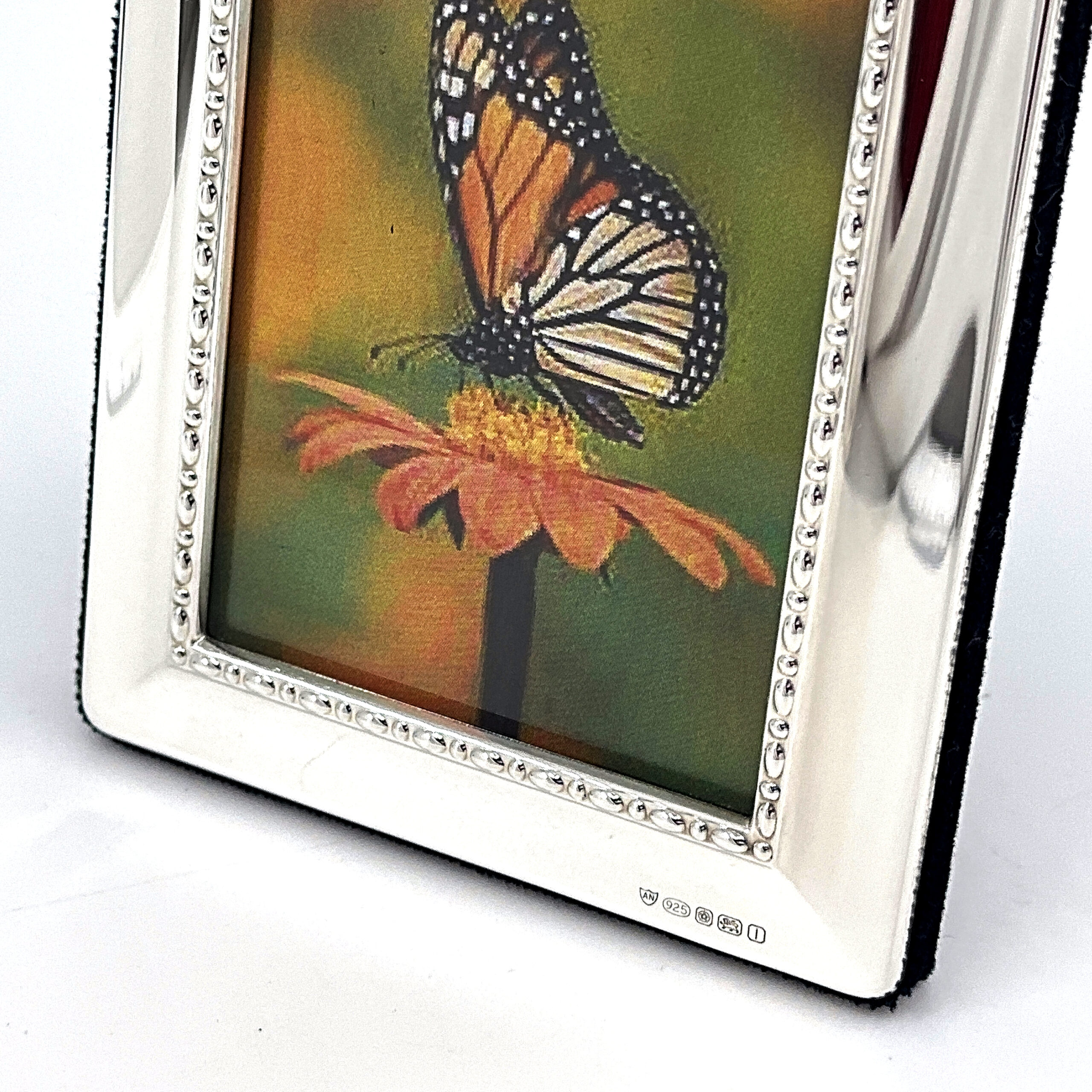 FR550 (4) Egg And Bead Photo Frame With Blue Velvet Back Finished In 925 English Hallmarked Sterling Silver