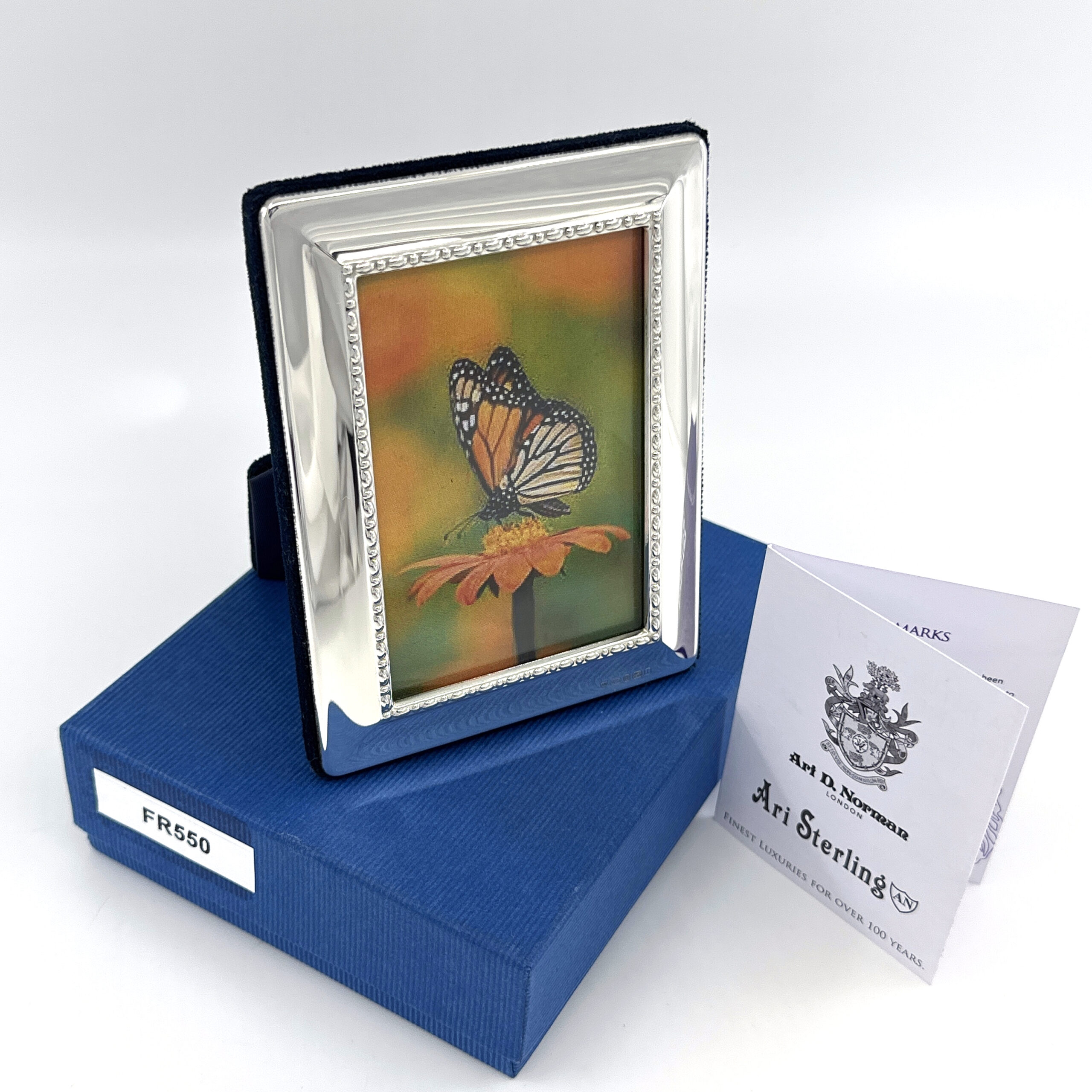 FR550 (6) Egg And Bead Photo Frame With Blue Velvet Back Finished In 925 English Hallmarked Sterling Silver