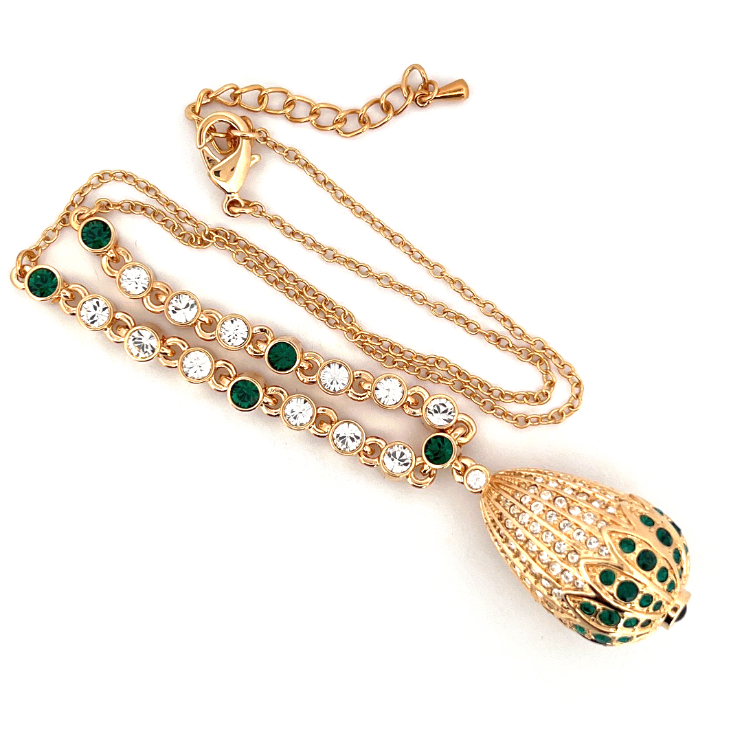 JNK34 (4) Egg Shaped Necklace Victorian Style Gold Plated Metal Alloy Set With Enamel And Czech Crystals